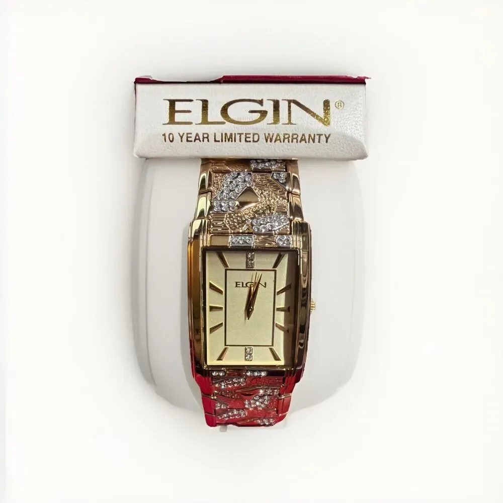 Elgin Men's Gold Tone Rectangular Watch Crystal Accent Textured Bracelet NIB